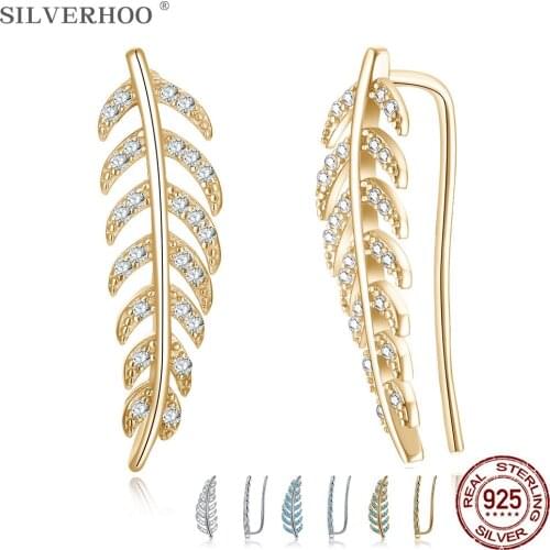 SILVERHOO 925 Sterling Silver Minimalist Leaves Shape Stud Earrings For Women Full Cubic Zirconia Golden Earring Fine Jewelry