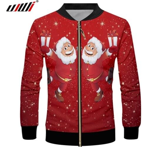 UJWI Snowflake Christmas Man Zip Jacket 3D Printed Lovely Anime Santa Claus Mens Clothing Large Size Polyester Coat