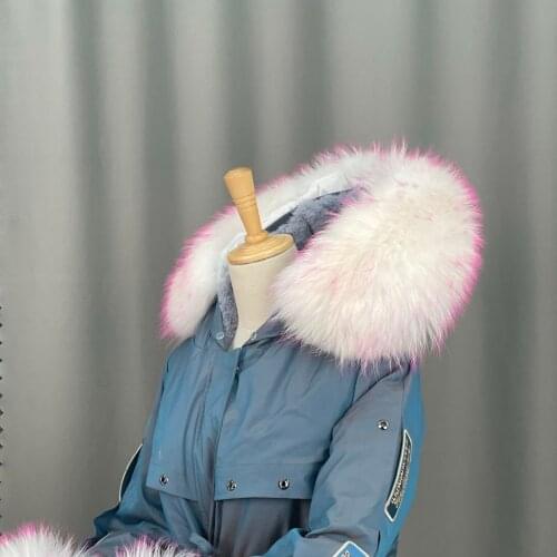 Real Raccoon Fur Collar Womens 100% Natural Fur Gray Collar Real Fur Shawl Raccoon collar Fur Scraves Rose red tip