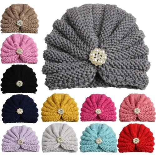 Yundfly Fashion Winter Baby Girl Hats with Pearls Candy Color Knit Newborn Beanie Hat Baby Cap Hair Accessories