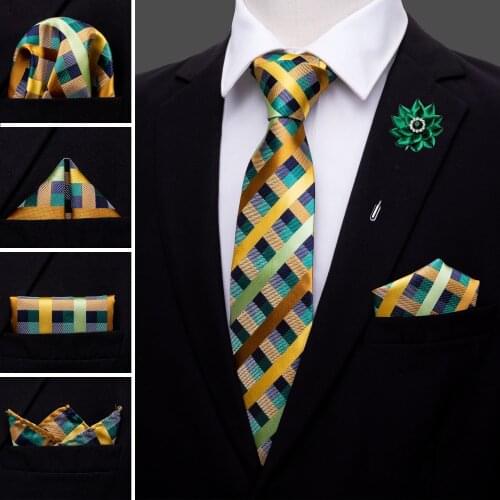 Yellow Plaid 100% Silk Mens Wedding Tie Crystal Brooches Handkerchief Cufflinks Set Neck Tie For Men Gift Barry.Wang