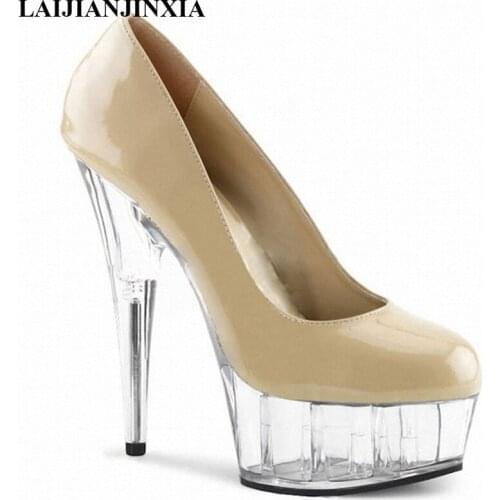 Free Shipping 2017 Sexy Womens 15cm Super High Heel Pumps Patent Leather Crystal Platform Shoes 6 inch beige Party Dance Pumps