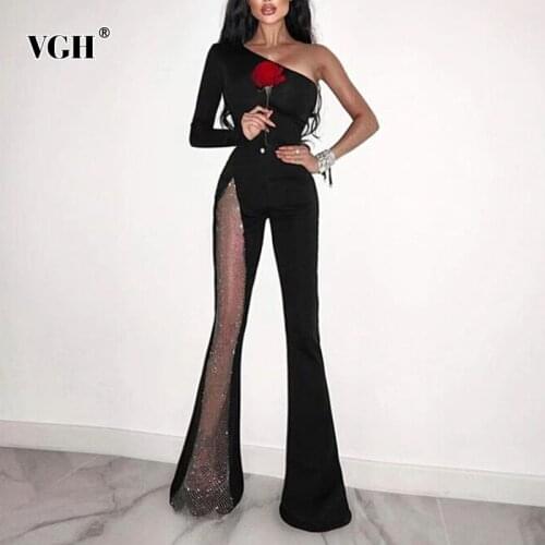 VGH Sexy Diamonds Jumpsuit For Women Skew Collar Long Sleeve One Off Shoulder High Waist Slim Jumpsuits Females 2021 Fashion New