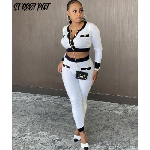 Casual Ribbed 2 Two Piece Set Women Tracksuit Button Long Sleeve Crop Top+Elastic Leggings Pants Sets Skinny Outfits Streetwear