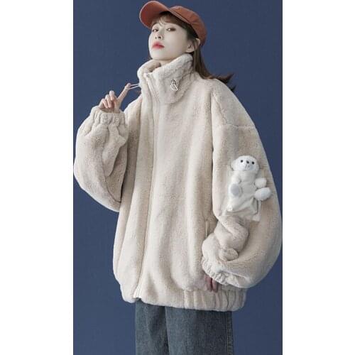 Cute Stereo Bear Lamb Wool Coats 2021 Fall Winter Thicken Solid Japan Style Loose Long Sleeve Stand Collar Women