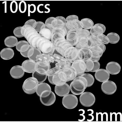 100Pcs 33mm Clear Round Plastic Coin Holders Capsules Container Storage Case Box Home Garden DIY Supplies
