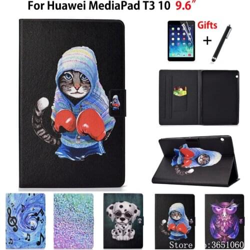 Case For Huawei MediaPad T3 10 AGS-W09 AGS-L09 AGS-L03 9.6" Cover Funda Cute Cat Silicone PU Leather Stand Shell Shell +Film+Pen