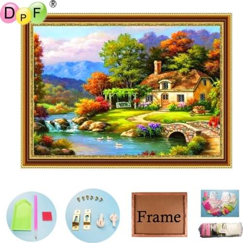 DPF 5D Diamond Embroidery Riverside Cabin with Frame Diamond Painting Cross Stitch Home Decor Full Circle Diamond Mosaic Kits