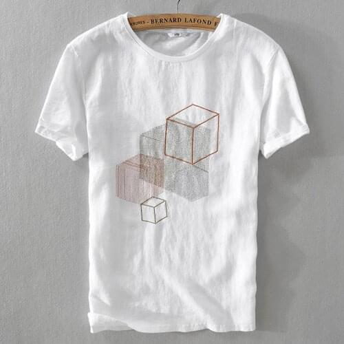 2018 New mens summer linen short-sleeved t-shirt loose casual white t shirt men breathable geometric embroidery tshirt mens 3XL
