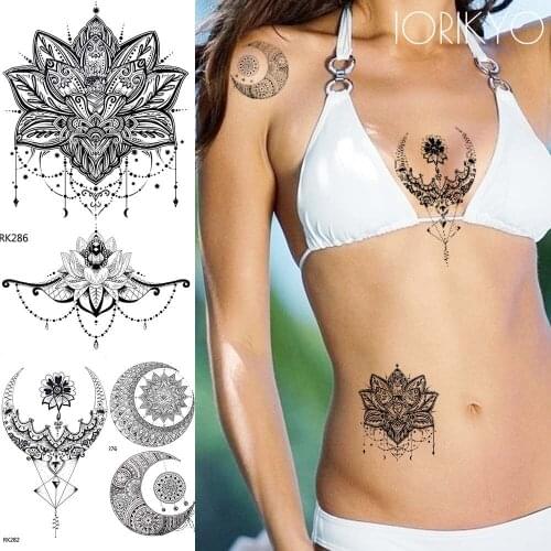 IORIKYO Tribal Lace Black Temporary Tattoo Women Moon Arm Henna Flower Water Transfer Tatoos Girl Queen Waist Fake Tattoo Makeup