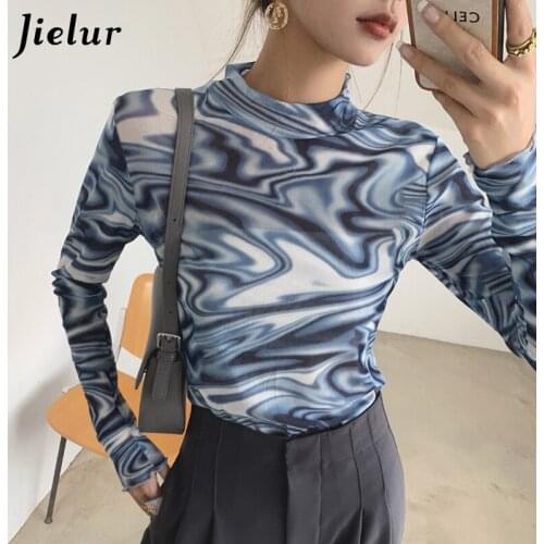Jielur New Women T-shirt Streetwear Long-Sleeved Slim Chic T Shirts Turtleneck Bottoming Blue T-shirt Female Tops Korean S-L