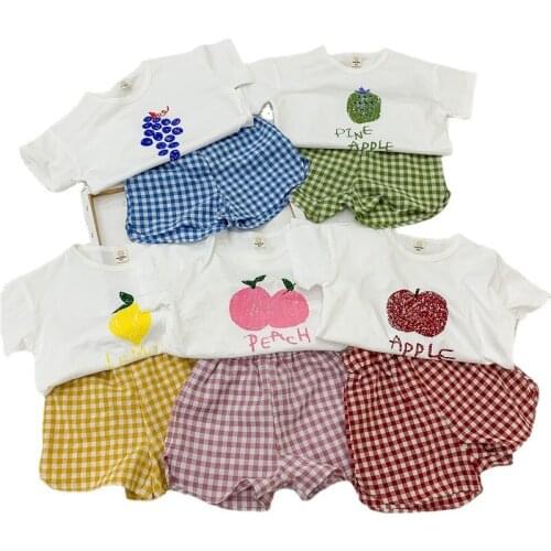 2021 Children Clothing Sets 2PC Fruit Tops+Plaid Shorts Kids Summer Clothes Boys Girls School Outfit Cotton Suit