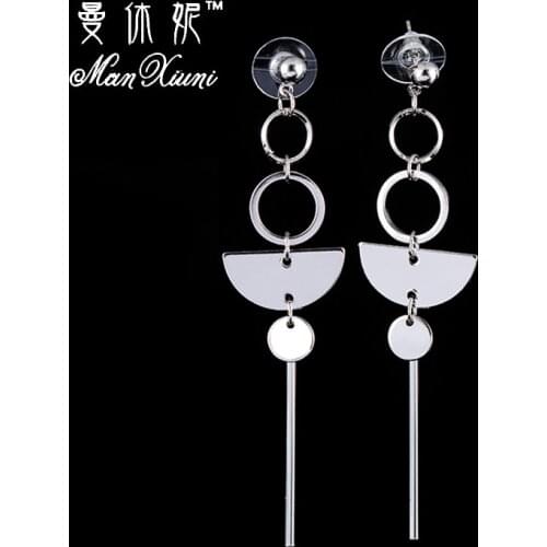 Korea Geometric Minimalist Multi-level Round Metal Silver Plated Long Drop Earrings for Women Pendientes Largos HB1026