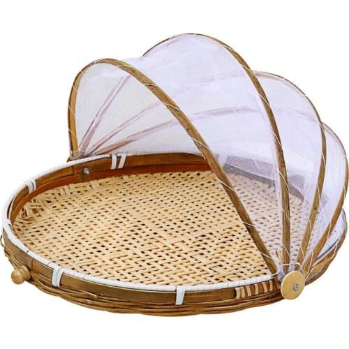 Food Serving Basket Hand-Woven Dustproof Cover Storage Container Food Serving Tent Basket Outdoor Picnic Mesh Net Cover