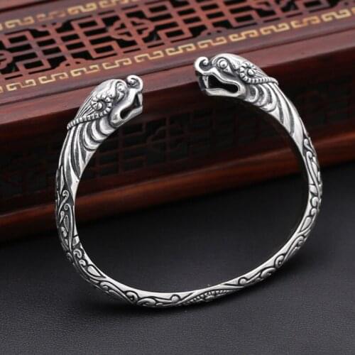 Mens Real 925 Sterling Silver Cuff Bracelet Two Dragon Heads Jewelry A4651