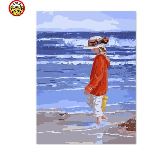 Painting by numbers art paint by number The little girl on the beach, digital painting self portrait painted decoration color fi