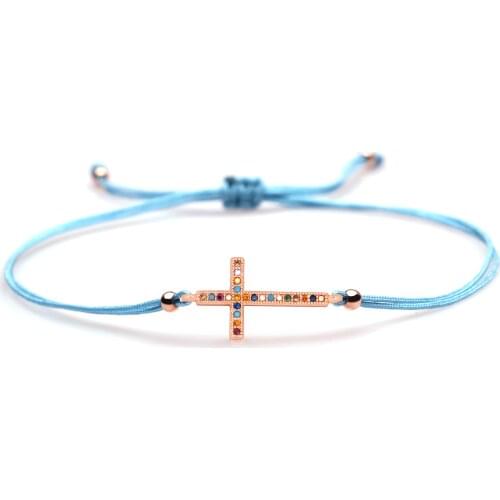 Dazzling Multicolored Cubic Zirconia Small Copper Cross Charm Bracelet Women Girl Blue Green Black Red String Knotted Jewelry He