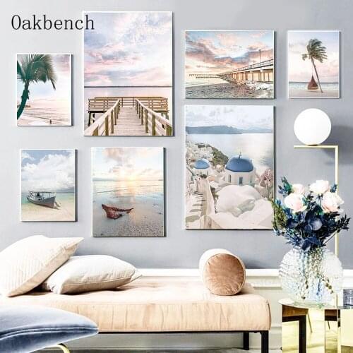 Beach Boat Poster Sky Ocean Landscape Wall Art Canvas Painting Palm Tree Art Print Nordic Wall Pictures For Living Room Decor