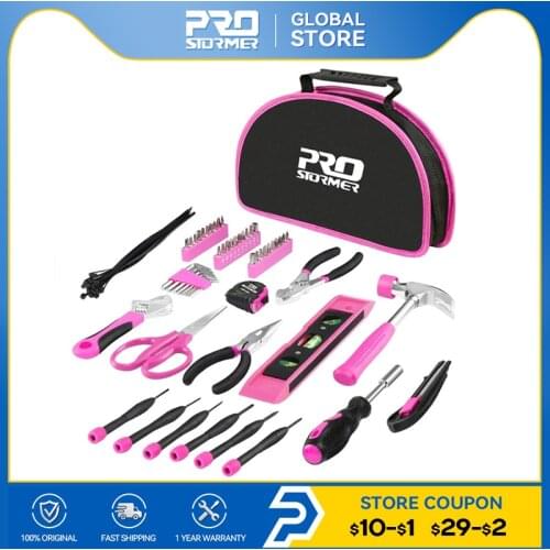 PROSTORMER 69PCS Tool Sets Woodworking Hand Repair Tools Girls Household DIY Knife Screwdrivers Wrench Pink With Tool Bag