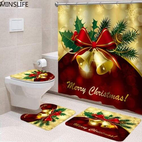 Christmas Red Bow Knot Bell Shower Curtain Sets Carpet Anti-slip Mat Bathroom Bathing Screen Waterproof Toilet Rugs Home Decor