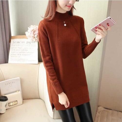 Womens Solid Color Mid-length Sweater Half High Neck Long Sleeve Pullover Female Casual Loose Dress Base Sweater Autumn Winter