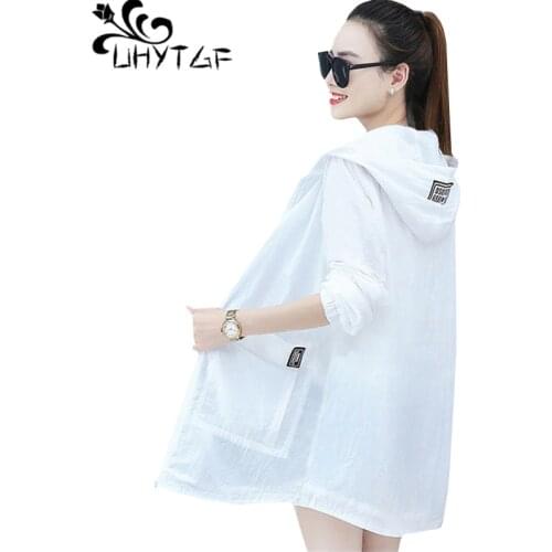 UHYTGF hooded plus size sun protection clothing women solid color wild thin coat Anti-UV breathable outdoor summer tops coat 815
