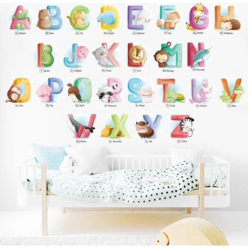 Cartoon Animals 26 Letters Kids room Wall Stickers Bedroom Kindergarten Eco-friendly Wall Decals Vinyl Early Education