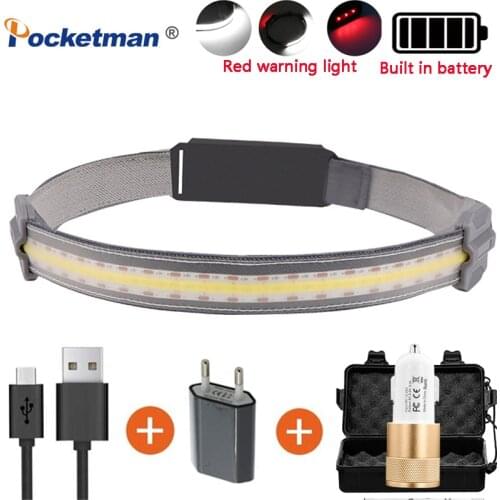 High Power COB LED Headlight with Built-in Battery Super Bright Headlamp with Tail Red Warning Light USB Charging Head Light