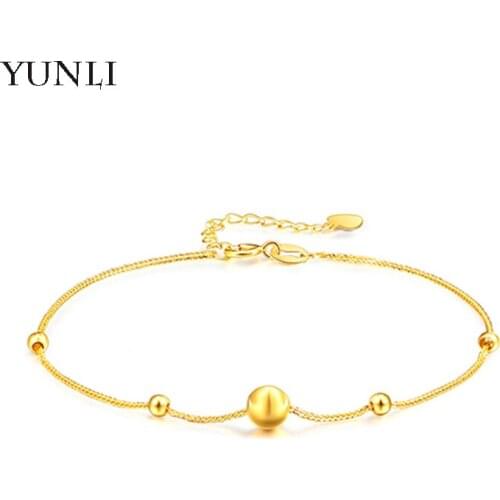 YUNLI Real 18K Gold Bracelet 5mm Brushed Gold Ball Pure AU750 Adjustable Chopin Chain For Women Fine Jewelry Wedding Gift