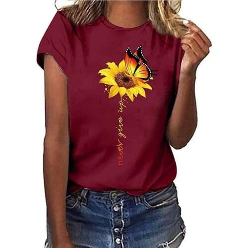 LifeWheel Funny Novelty Graphic T Shirts for Women Short Sleeve Plus Size Sunflower Never Give Up Print Summer Tee Tops