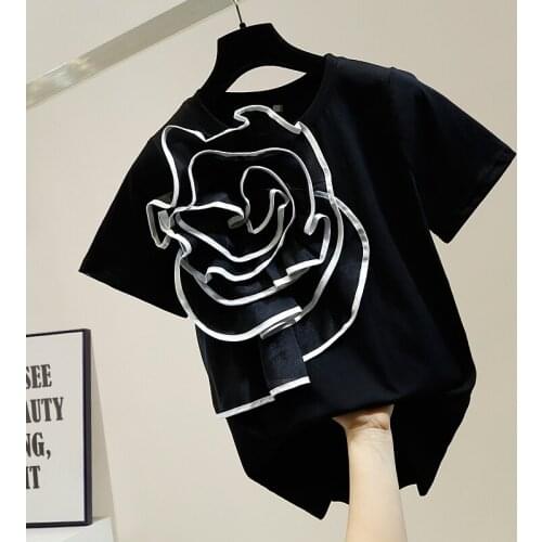 2021 Summer New Three-Dimensional Large Flowers Decoration Short Sleeve T-shirt Female Fashion Floral T Shirt Ladies Tops
