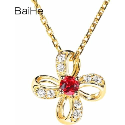 BAIHE Solid 14K Yellow Gold Round 0.10ct Natural Ruby Women Trendy Wedding Fine Jewelry Gift Simple flower diamond Pendant