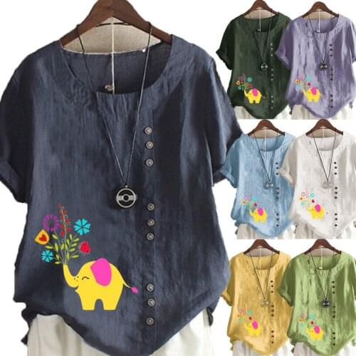 New Arrival Summer Fashion Womens Flower Printed Linen T-shirt Casual Loose Round Neck Short Sleeve Shirt Blouse Tops Plus Size