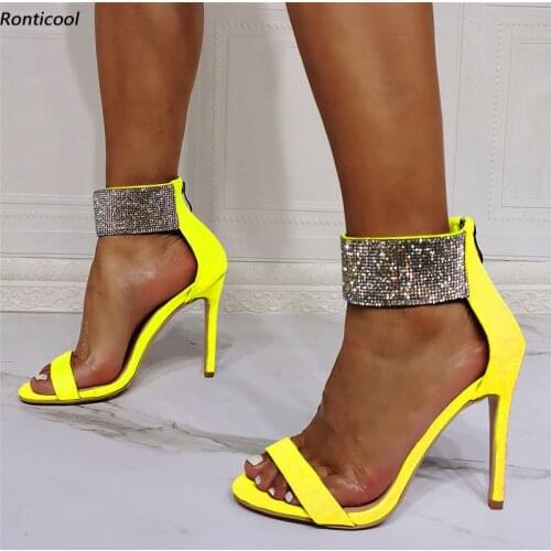 Ronticool New Fashion Women Ankle Strap Sandals Rhinestone Back Zipper Stiletto Heel Open Toe 11 Colors Dress Shoes US Size 5-15