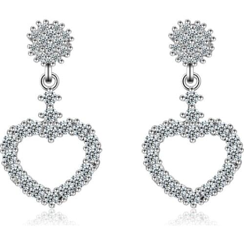 New 2017 Hot Sell Fashion Shiny Zircon Heart Design 925 Sterling Silver Stud Earrings for Women Jewelry Christmas Gift Wholesale