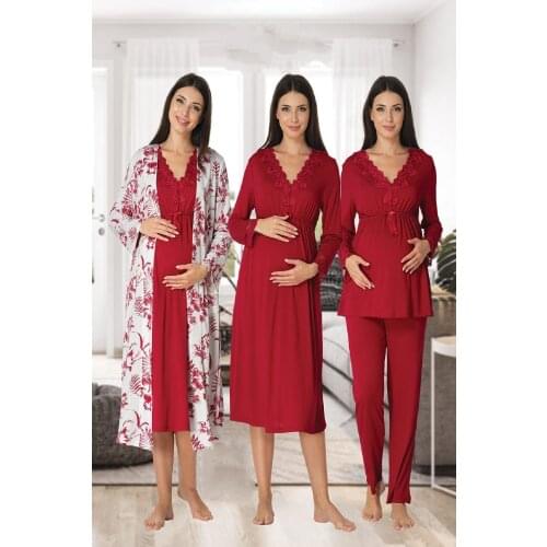 Womens Cherry Long-Sleeve Pajamas Set Nightgown Dressing Gown Puerperal Maternity 4'lü Set