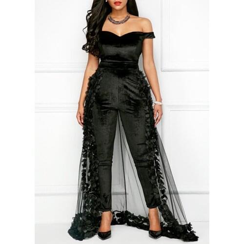 RMSFE 2021 Ladies Short Sleeve Straight Neck Sexy Fashion Black Strapless Slim Fit High Waist Off Shoulder Mesh Jumpsuit