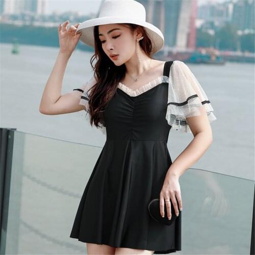 Womens Swimming Suit Black Ruffle Swimwear One Piece Swimsuit with Skirt Extra Plus Size Tummy Control Woman Swimdress 3XL-9XL