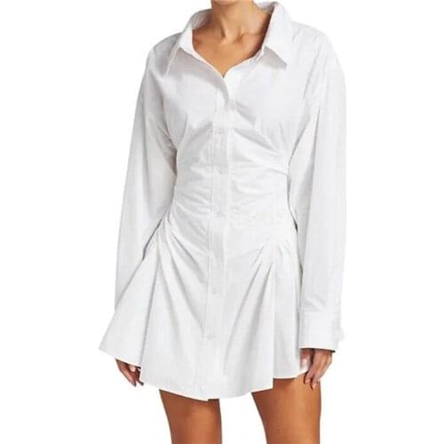 Casual White/black Cotton Shirt Dress Women 2021 Spring Summer Elegant Long Sleeve Draped Mini Dresses
