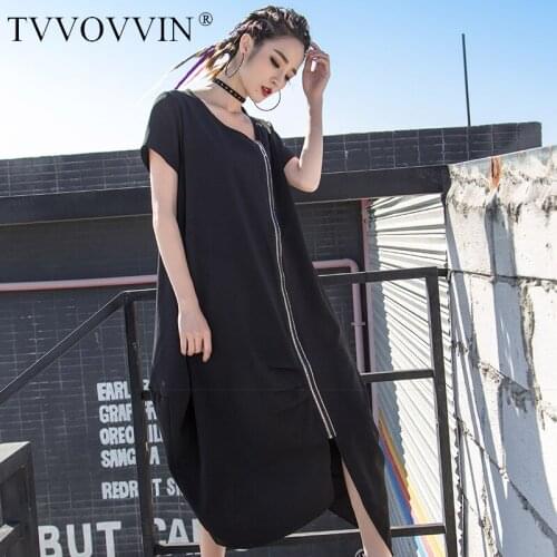 Korea 2020 New Spring Solid Color O-neck Short Sleeve Zipper Mid-length Dress Vintage Loose Casual Mid-length Dress Tide Y108