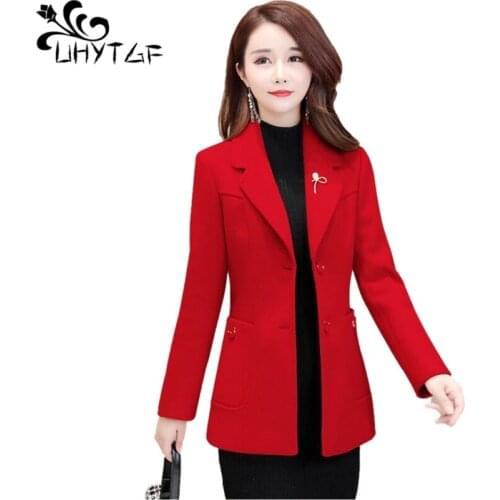 UHYTGF Women Coat Fashion Lapel Casual Female Short Tops Spring Autumn Woolen Jacket Elegant Mother 5XL Plus Size Outerwear 2037