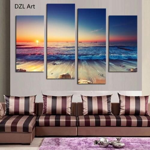 4 Panels (No Frame) Modern Printed Sea Wave Landscape Painting Picture Canvas Art Seascape Painting For Living Room