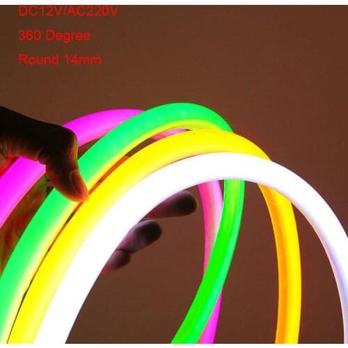 5m Round Soft LED Neon Strip AC220V 240v DC12V 14mmx14mm Round Flex 120pcs 2835/m 360 Degree Lighting Neon Flexible Strip IP67