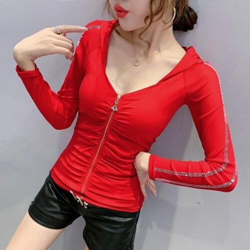 #5708 Black Red Tight T-shirt Women Zipper Deep V Neck Long Sleeve Hooded T Shirt For Women Casual Sexy Diamonds Cotton Spring