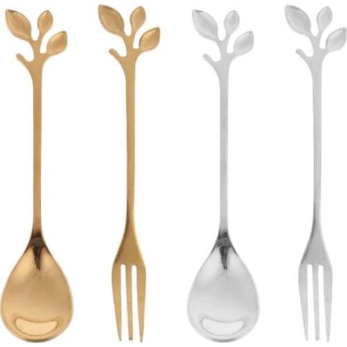 8pcs/set Leaves Shape Coffee Tea Spoon Dessert Salad Fruit Forks Tablewar QX2E