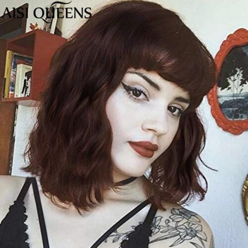 AISI QUEENS Synthetic Wigs with Bangs for Women Dark Brown Water Wave Short Natural Bob Wigs Heat Resistant False Hair