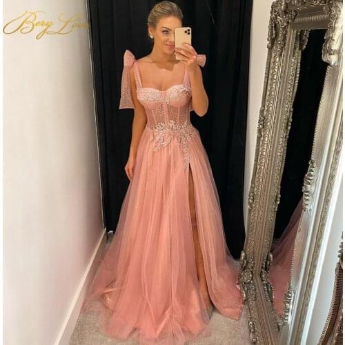 BeryLove Beaded A Line Evening Dresses Sweetheart Sequin Bow Spaghetti Strap Party Gown Rose Red Formal Evening Gown Vestidos