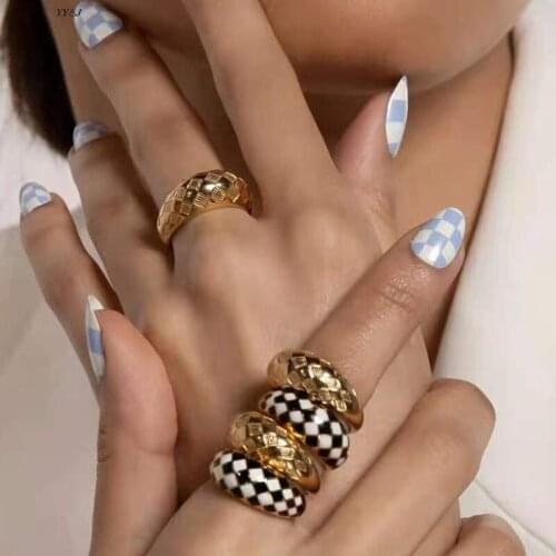 Diamond plaid rhombus chunky rings for women stainless steel gold stackable band ring minimalist vintage jewelry wholesale items