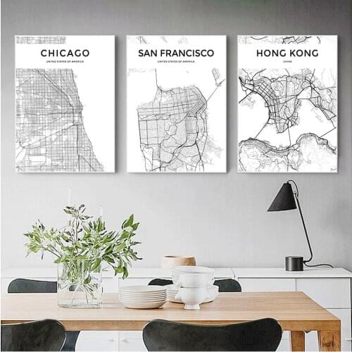 Black and White World City Map New York Tokyo Paris Wall Art Canvas Poster Prints Nordic Style Paintings Picture for Living Room