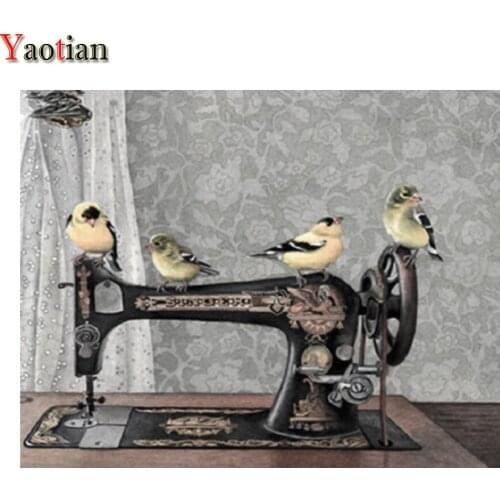 DIY Full Square Drill 5D Diamond Painting Sewing Machine Retro Art Rhinestone Bird Diamond Mosaic Embroidery Kit Cross Stitch